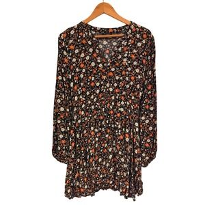 Blu‎ Pepper Floral Print Long Sleeve Mini Dress Black Orange White Boho Chic L